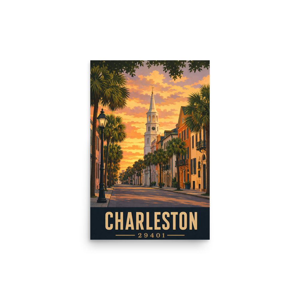 Charleston St. Michael's Church steeple sunset poster with 29401 zip code