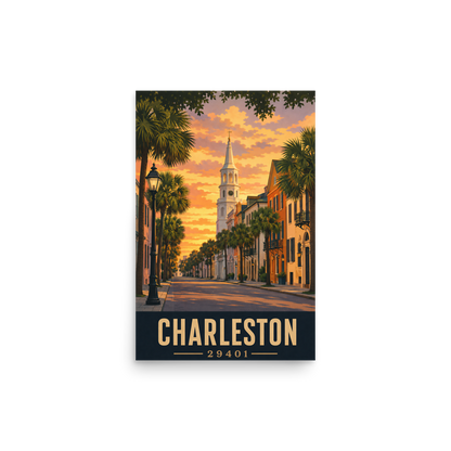 Charleston St. Michael's Church steeple sunset poster with 29401 zip code