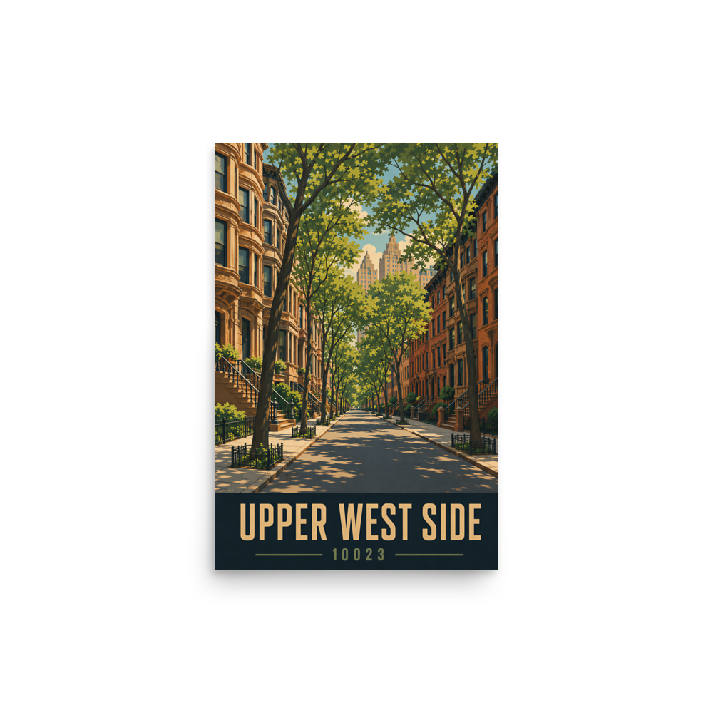 Upper West Side brownstone street poster with 10023 zip code, retro NYC wall art