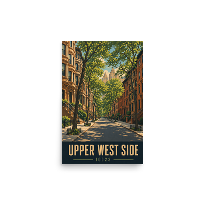 Upper West Side brownstone street poster with 10023 zip code, retro NYC wall art