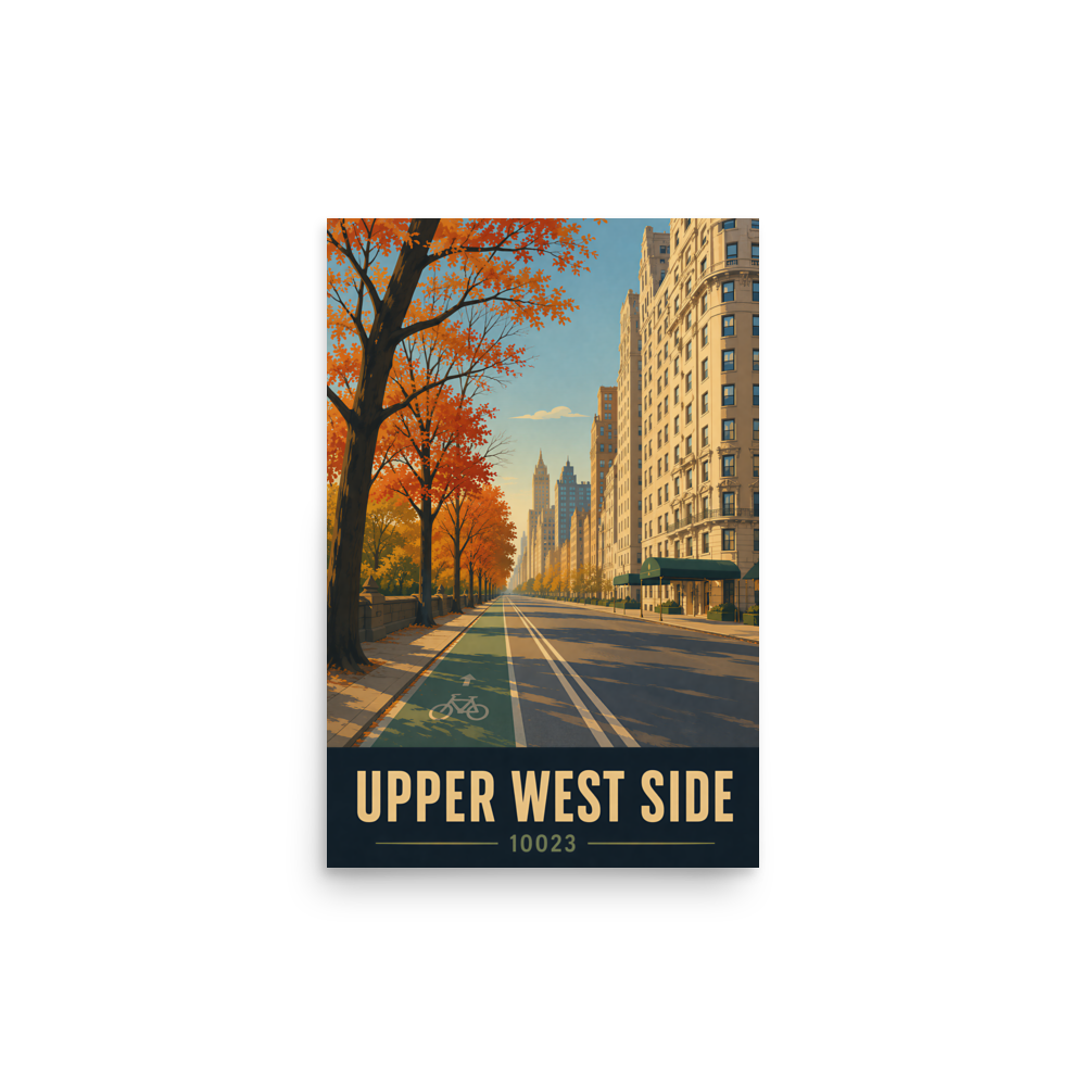 Central Park West autumn poster with 10023 zip code, retro NYC wall art
