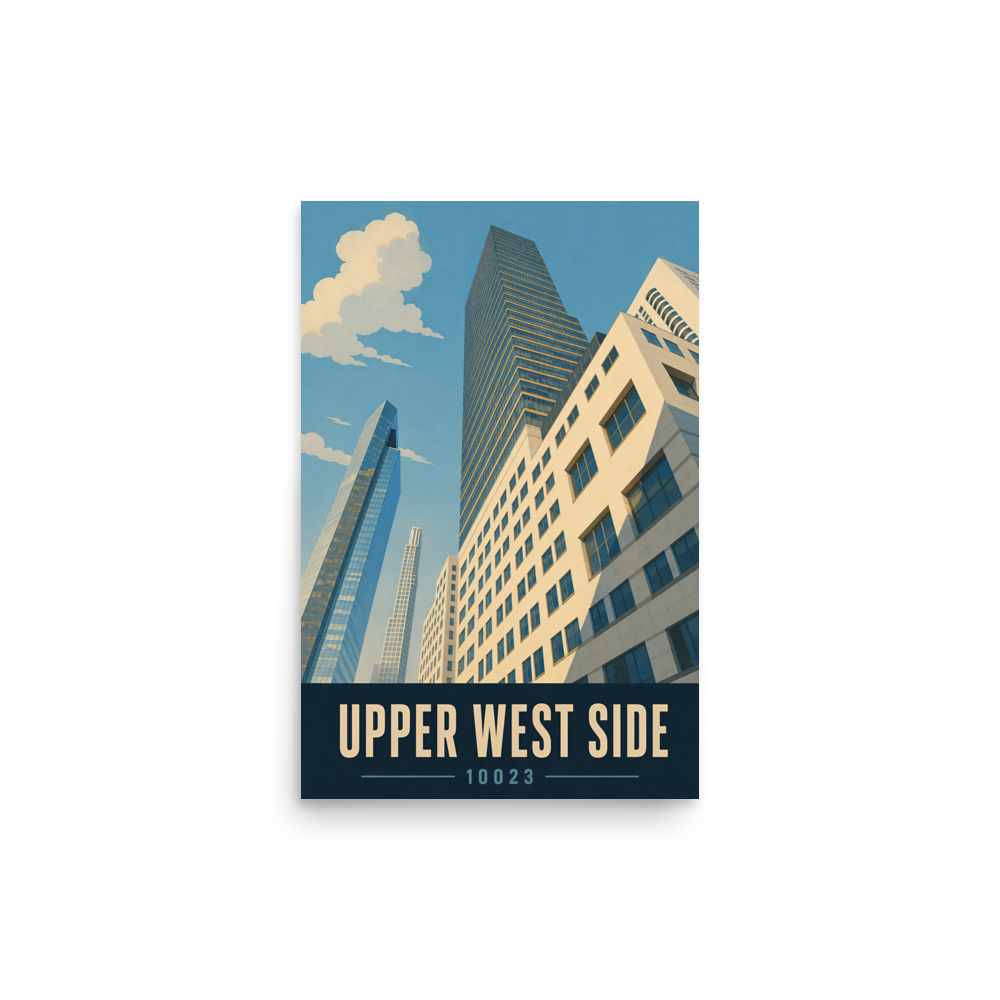 Upper West Side poster with Manhattan glass skyscraper view and 10023 zip code