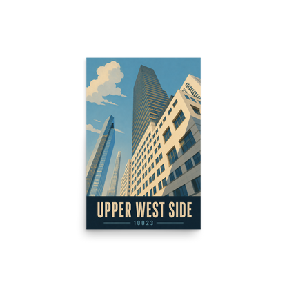 Upper West Side poster with Manhattan glass skyscraper view and 10023 zip code