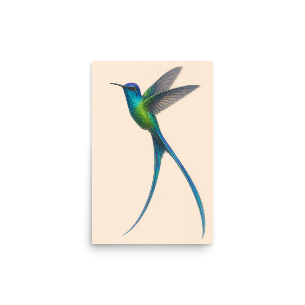 Long-tailed Sylph hummingbird colored pencil illustration print, teal iridescent plumage on warm cream background wall art