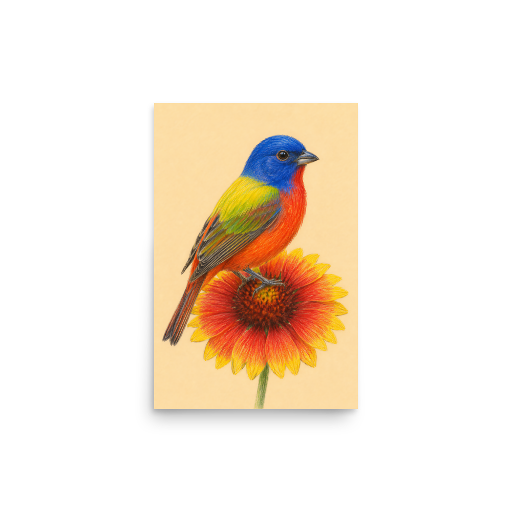 Painted Bunting colored pencil illustration on Indian Blanket flower, sandy cream background wall art