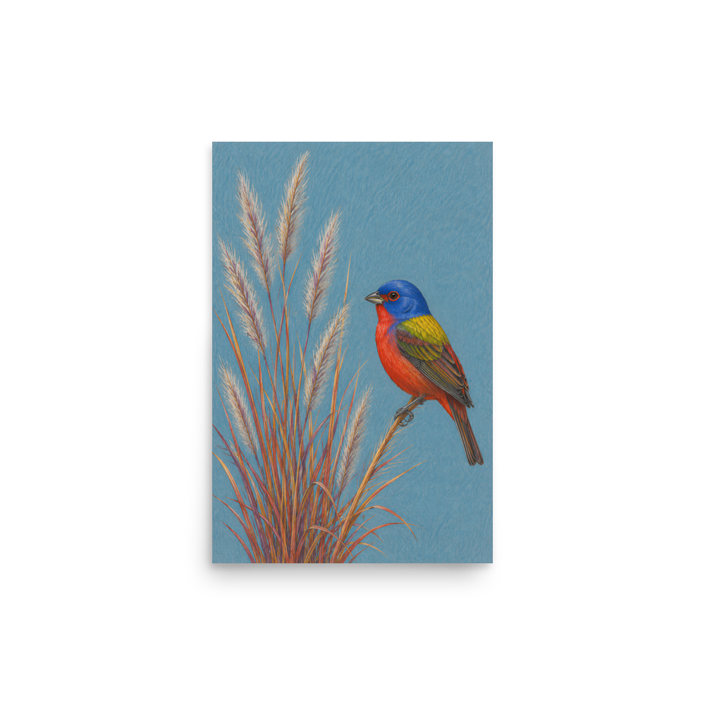 Painted Bunting colored pencil illustration in prairie grass, dusty blue background wall art