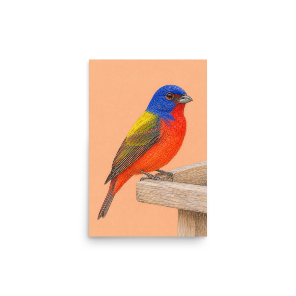 Painted Bunting colored pencil illustration on wooden feeder, apricot pastel background wall art