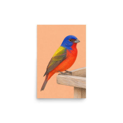 Painted Bunting colored pencil illustration on wooden feeder, apricot pastel background wall art