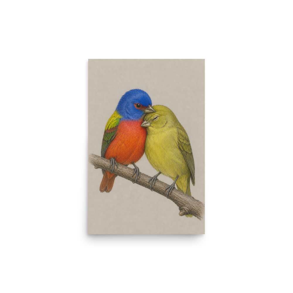 Male and female Painted Bunting pair colored pencil illustration on neutral background wall art