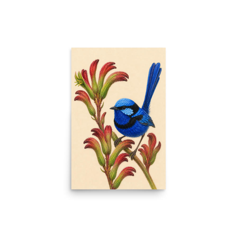 Splendid Fairywren blue wren colored pencil illustration on Kangaroo Paw flowers, warm cream background