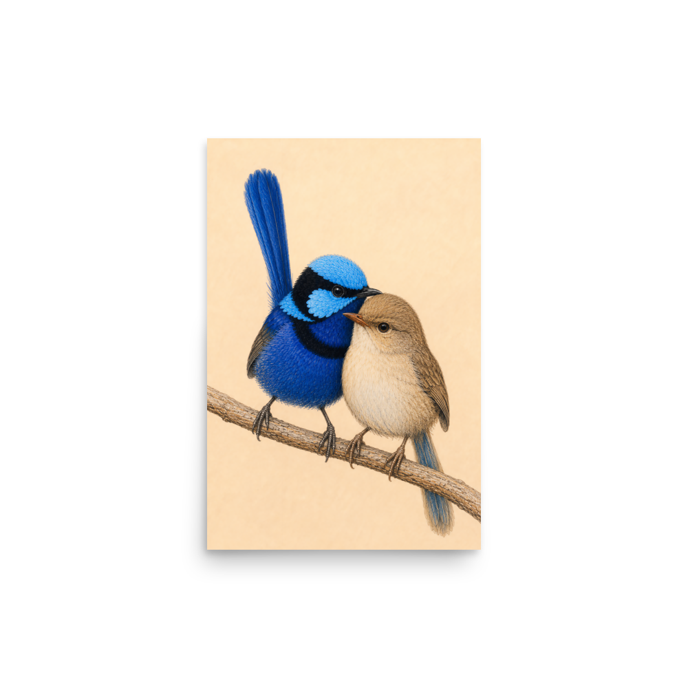 Male and female Splendid Fairywren blue wren pair colored pencil illustration on warm background