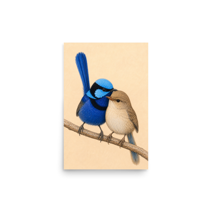 Male and female Splendid Fairywren blue wren pair colored pencil illustration on warm background