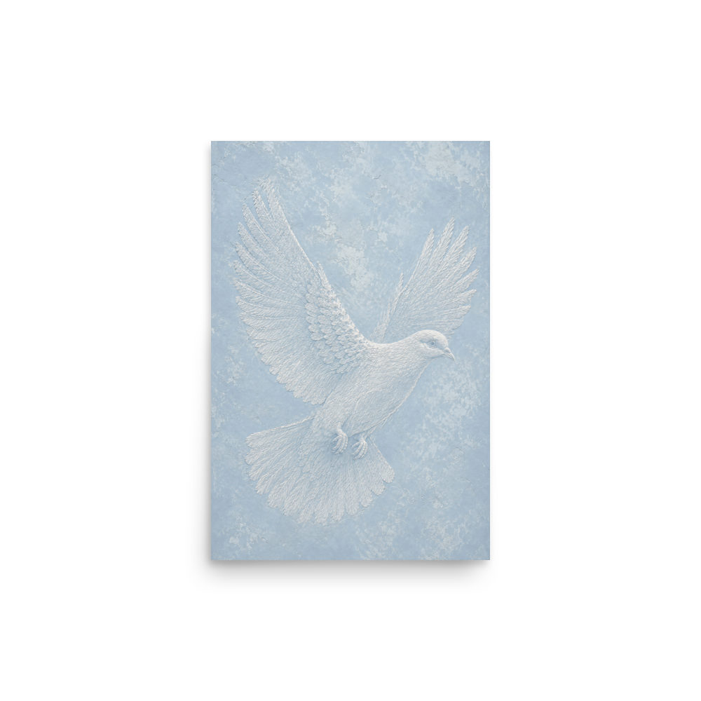 Peace dove print with embossed relief-look design on dusty blue textured background