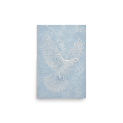 Peace dove print with embossed relief-look design on dusty blue textured background