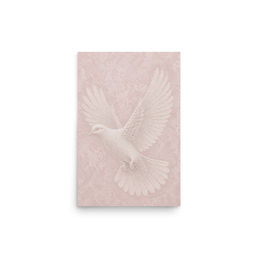 Peace dove print with embossed relief-look design on blush pink textured background