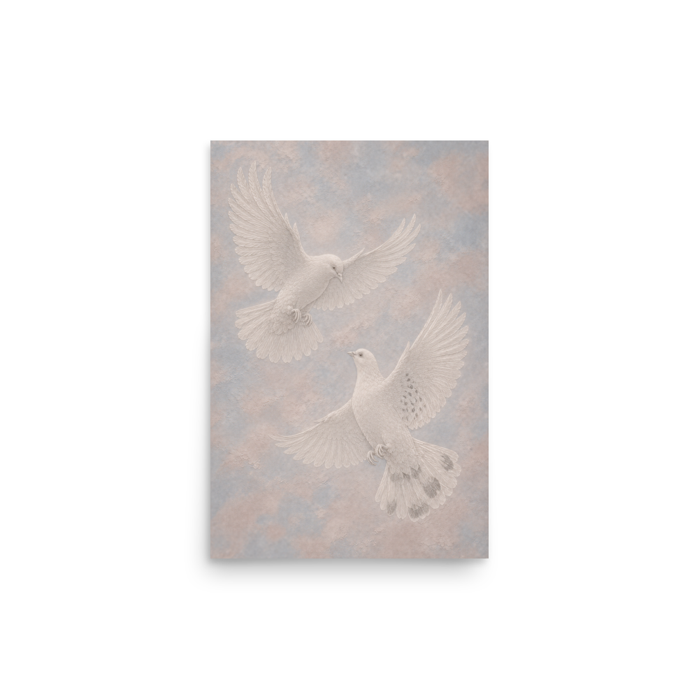 Two peace doves print with embossed relief-look design on dusty blue and blush textured background
