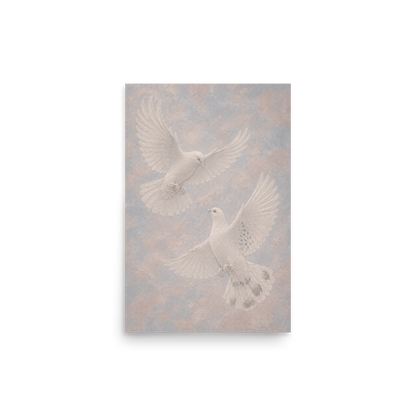 Two peace doves print with embossed relief-look design on dusty blue and blush textured background