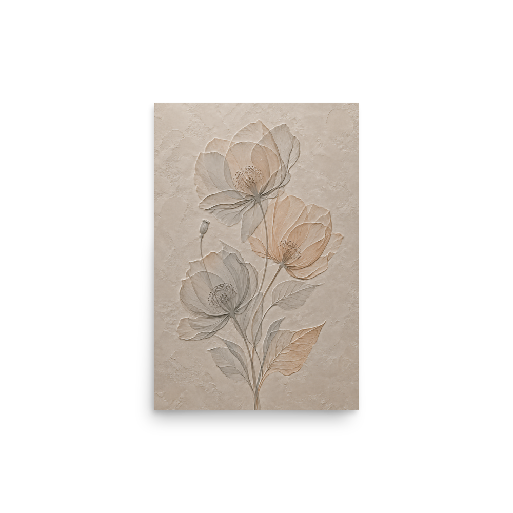 Wildflower bouquet print with embossed relief-look design on neutral beige textured background