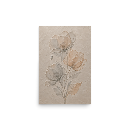 Wildflower bouquet print with embossed relief-look design on neutral beige textured background