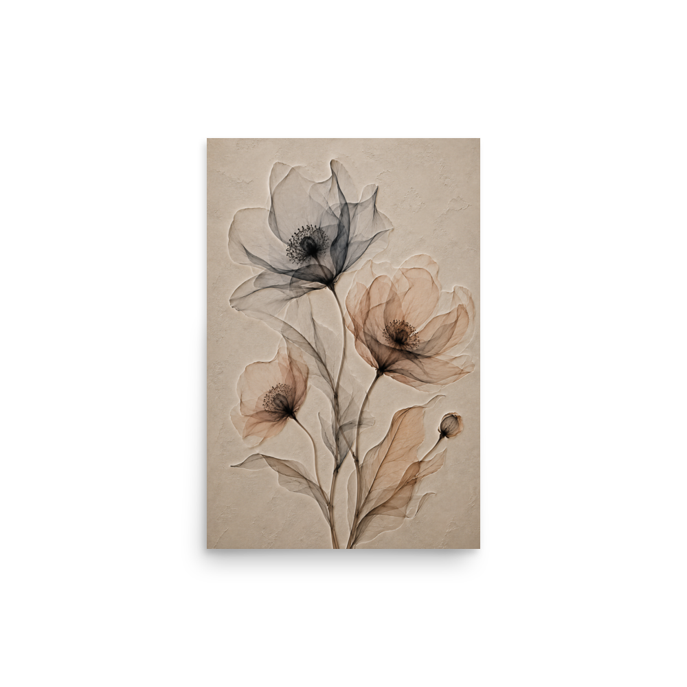 Wildflower trio print with embossed relief-look design in charcoal and clay tones on beige textured background