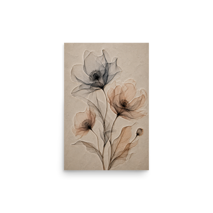 Wildflower trio print with embossed relief-look design in charcoal and clay tones on beige textured background