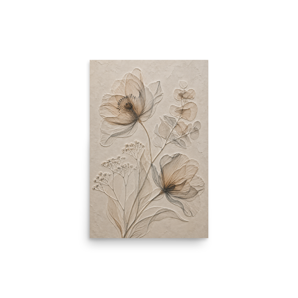 Botanical study print with embossed relief-look design in warm sepia tones on beige textured background