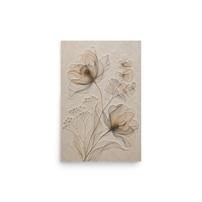 Botanical study print with embossed relief-look design in warm sepia tones on beige textured background