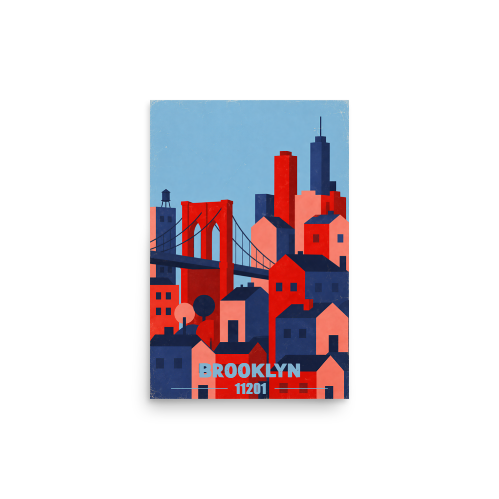 Brooklyn Bridge retro travel poster print, 11201 zip code wall art, unframed