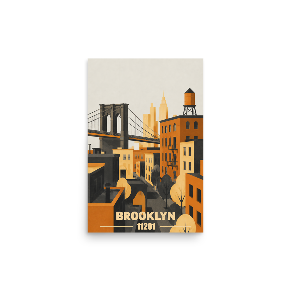 Brooklyn fire escape retro travel poster print, 11201 zip code wall art, unframed
