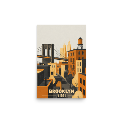 Brooklyn fire escape retro travel poster print, 11201 zip code wall art, unframed