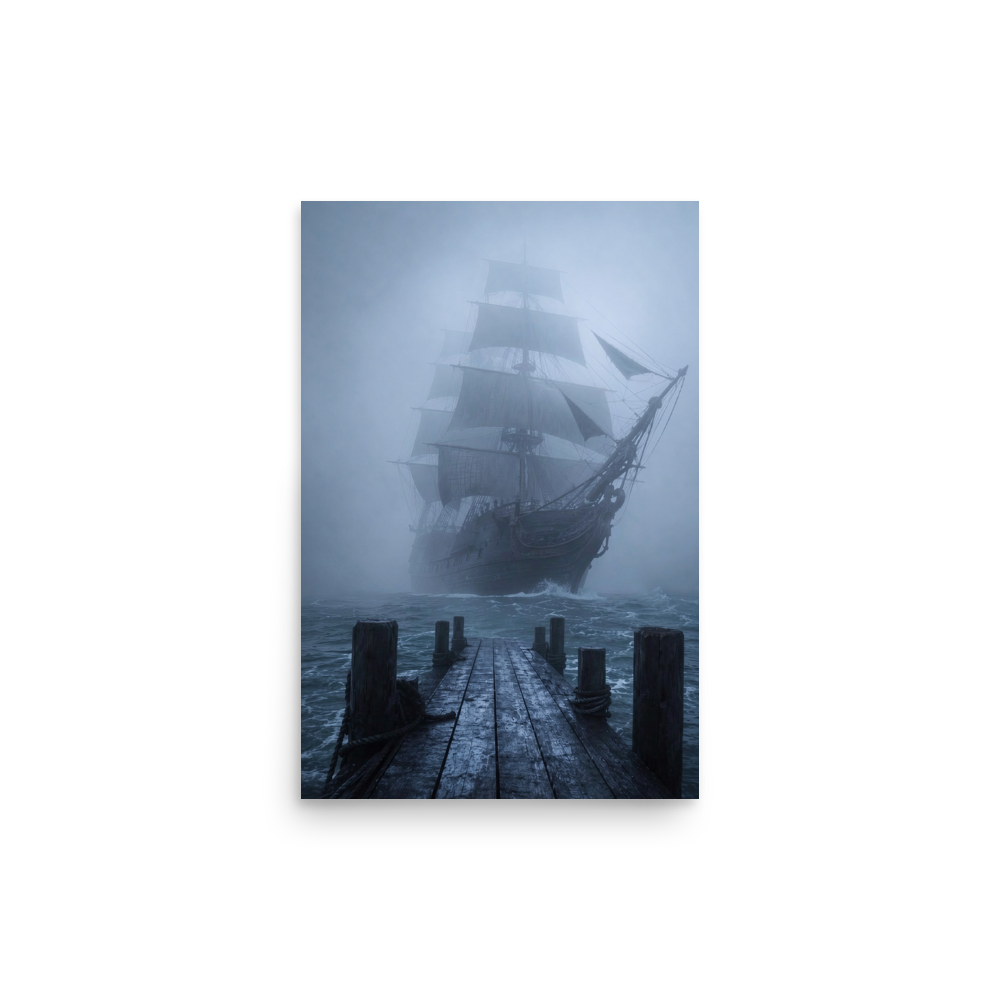 Ghost ship emerging from fog at dawn, dark moody coastal wall art print, JMTR Jeometry Store