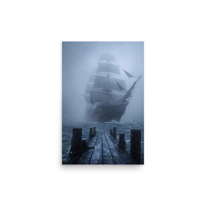 Ghost ship emerging from fog at dawn, dark moody coastal wall art print, JMTR Jeometry Store