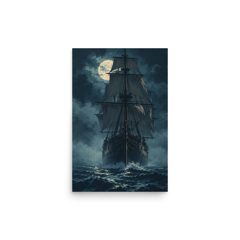 Tall ship sailing under full moon at night, vintage atmospheric nautical wall art print, JMTR Jeometry Store