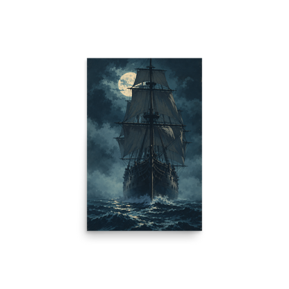 Tall ship sailing under full moon at night, vintage atmospheric nautical wall art print, JMTR Jeometry Store