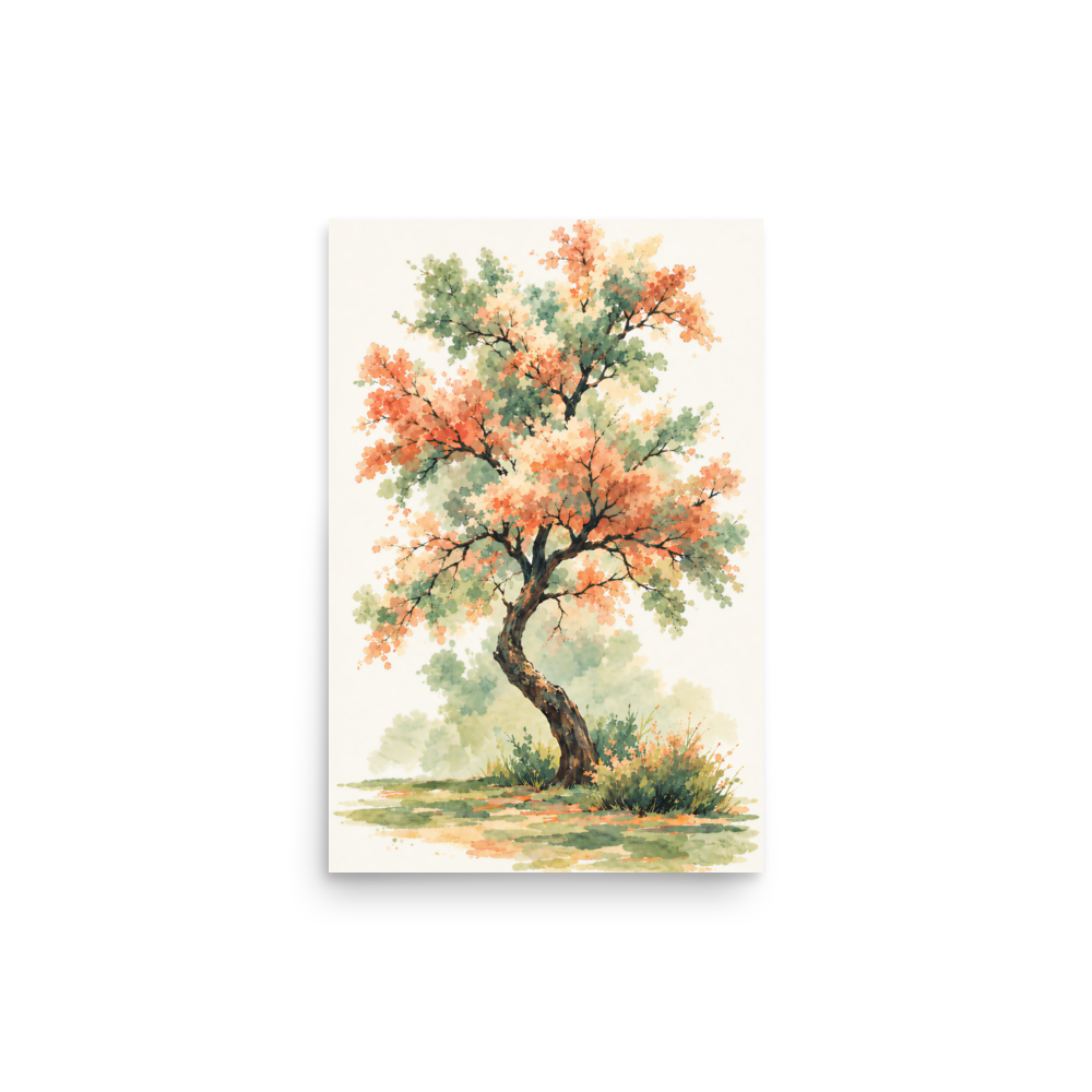 Watercolor painting of a blossoming tree with coral and sage green leaves, twisting trunk in a quiet meadow, wall art print, JMTR Jeometry Store