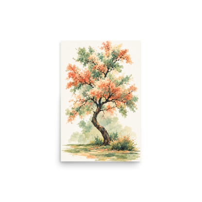Watercolor painting of a blossoming tree with coral and sage green leaves, twisting trunk in a quiet meadow, wall art print, JMTR Jeometry Store