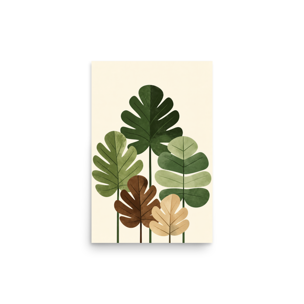 Illustrated fig leaves in shades of green, brown and gold with textured paper-like finish, botanical wall art print, JMTR Jeometry Store