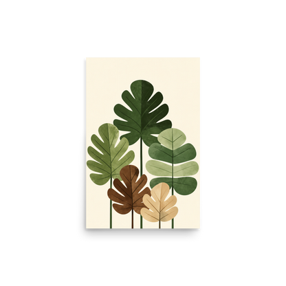 Illustrated fig leaves in shades of green, brown and gold with textured paper-like finish, botanical wall art print, JMTR Jeometry Store