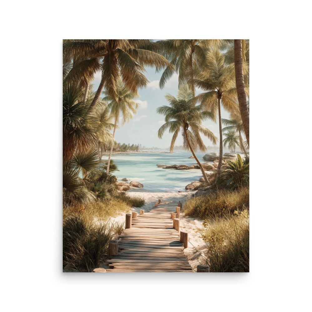 Wooden boardwalk path through tropical palm trees 
leading to calm turquoise beach, 
coastal wall art print, JMTR Jeometry Store