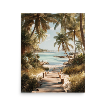 Wooden boardwalk path through tropical palm trees 
leading to calm turquoise beach, 
coastal wall art print, JMTR Jeometry Store