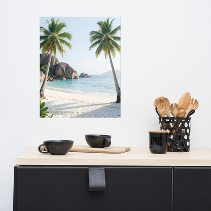 Tropical beach scene with two palm trees, turquoise ocean and white sand, calm aesthetic wall art print, JMTR Jeometry Store