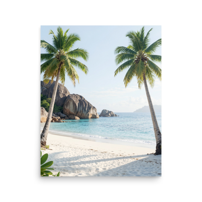 Tropical beach scene with two palm trees, turquoise ocean and white sand, calm aesthetic wall art print, JMTR Jeometry Store