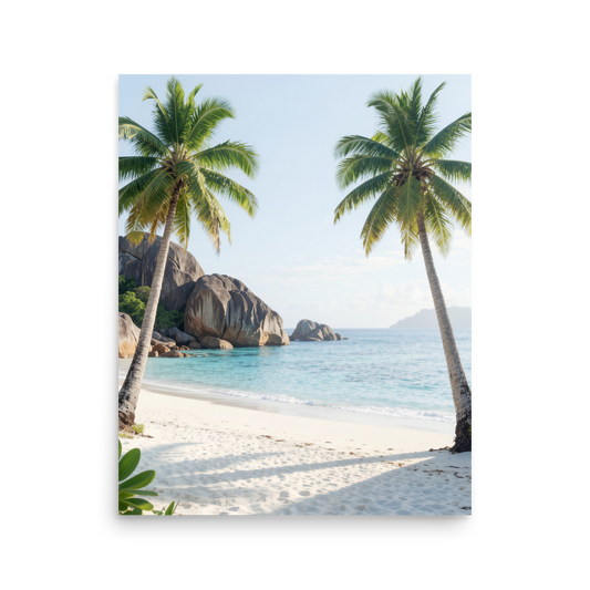 Tropical beach scene with two palm trees, turquoise ocean and white sand, calm aesthetic wall art print, JMTR Jeometry Store