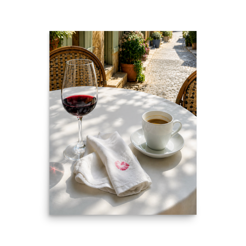 Sunlit café terrace table with red wine, espresso cup and linen napkin, calm aesthetic wall art print, JMTR Jeometry Store