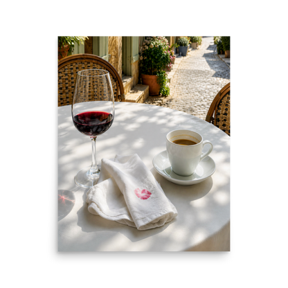 Sunlit café terrace table with red wine, espresso cup and linen napkin, calm aesthetic wall art print, JMTR Jeometry Store