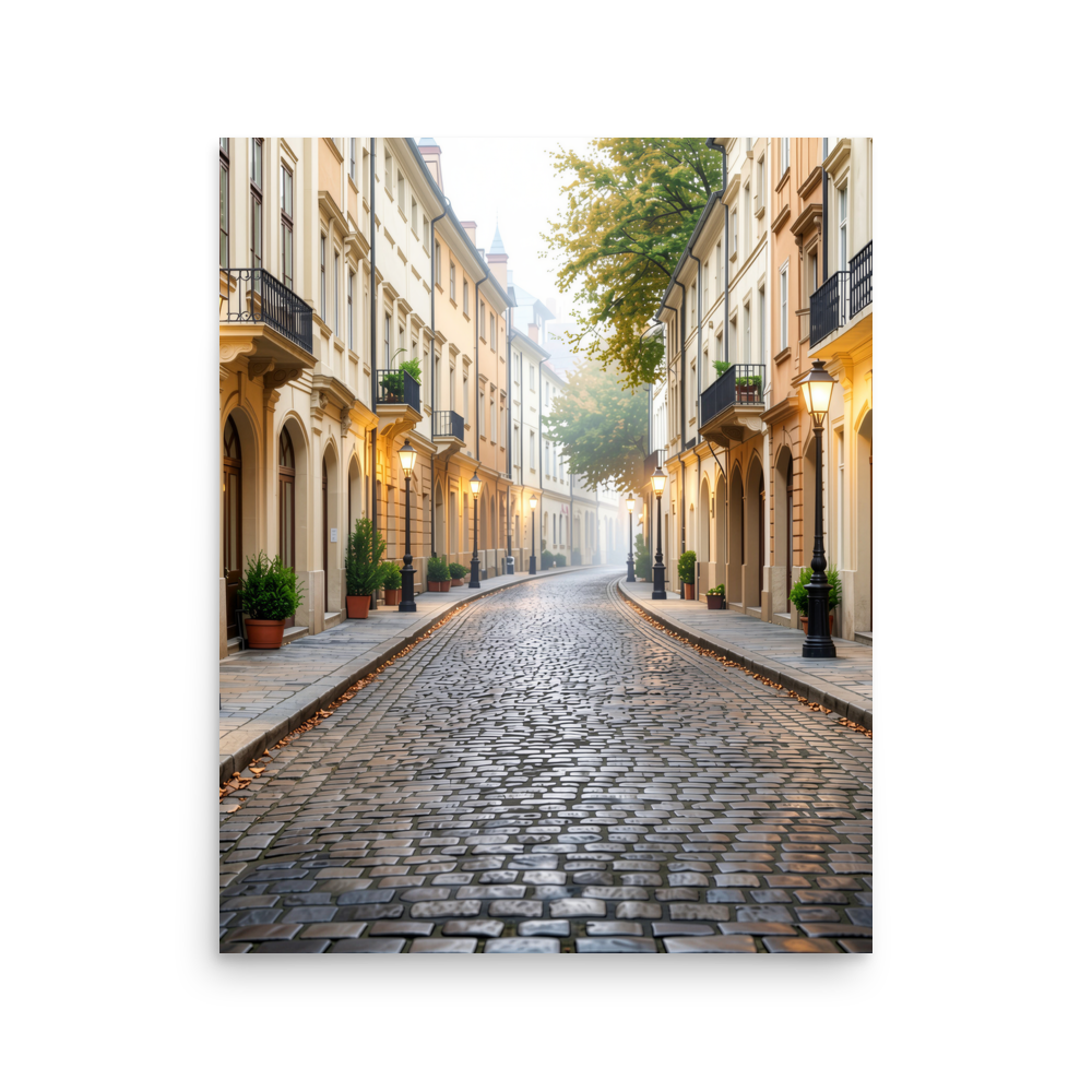 European cobblestone street at dawn, morning fog, glowing lanterns, calm aesthetic wall art print, JMTR Jeometry Store
