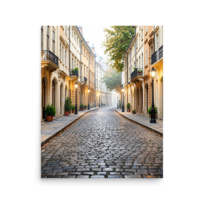 European cobblestone street at dawn, morning fog, glowing lanterns, calm aesthetic wall art print, JMTR Jeometry Store
