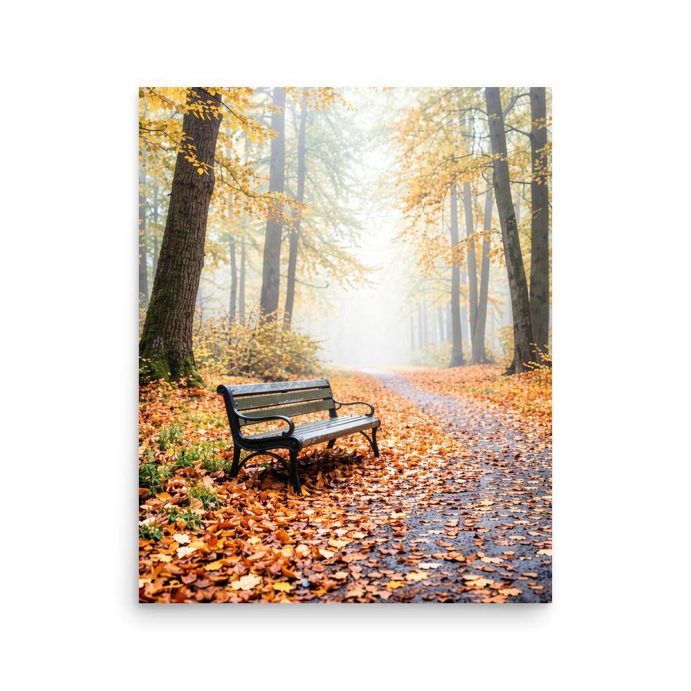 Autumn park bench wall art print, foggy forest path with fall leaves, calm aesthetic poster, JMTR Jeometry Store