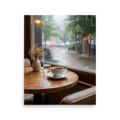 Rainy day cafe wall art print, coffee cup on wooden table by rain window, calm aesthetic poster, JMTR Jeometry Store