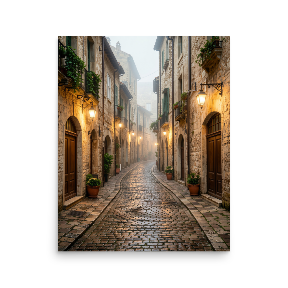 Italian village cobblestone street wall art print, warm lanterns foggy alley calm aesthetic poster, JMTR Jeometry Store